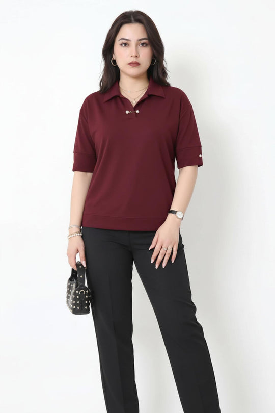 Plus - Size Blouse Met Parelkragen — Bordeaux
