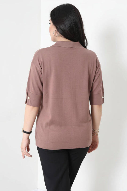 Plus‑Size Blouse Met Parelkrage — Taupe