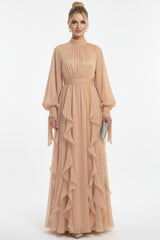 Robe De Soirée Bouclé À Manches Longues — Beige