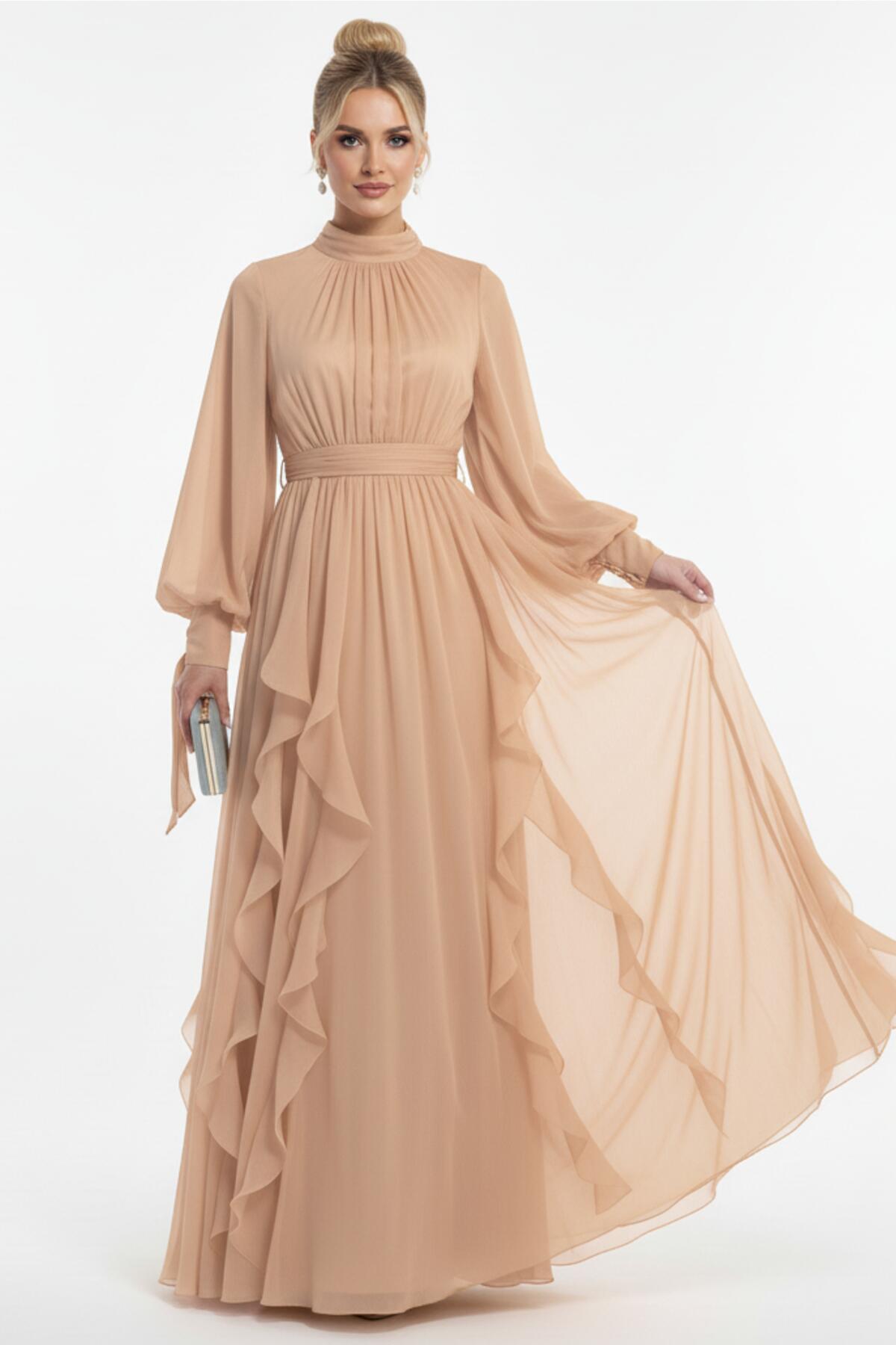 Bouclé Avondjurk Met Lange Mouwen — Beige