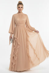 Robe De Soirée Bouclé À Manches Longues — Beige