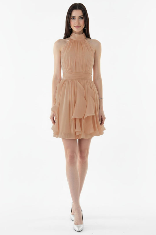 Bouclé Korte Jurk Met Halsstrik — Beige