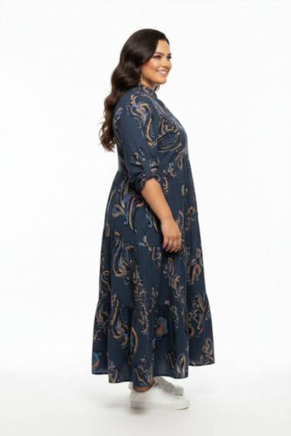 Plus - Size Maxi Dress With Partial Button Placket — Blue