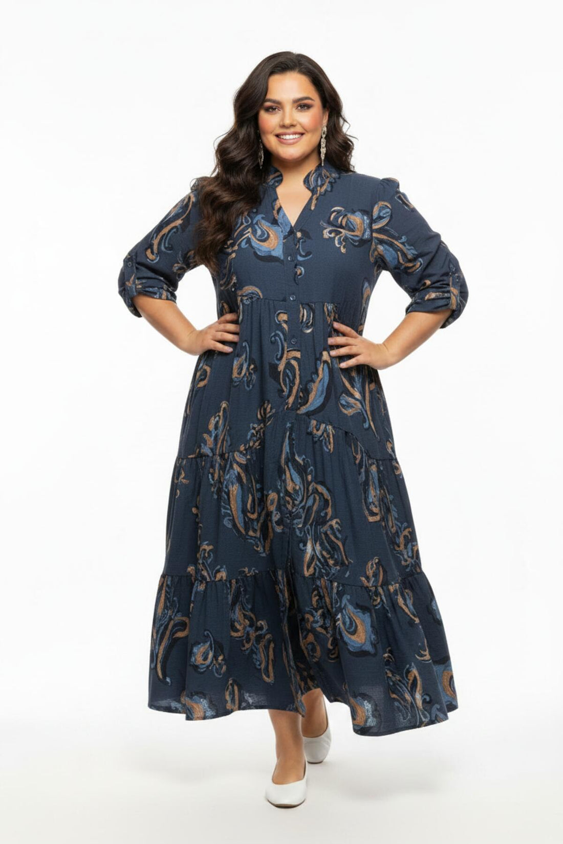 Robe Longue Grande Taille À Poignets Élastiqués – Beige
