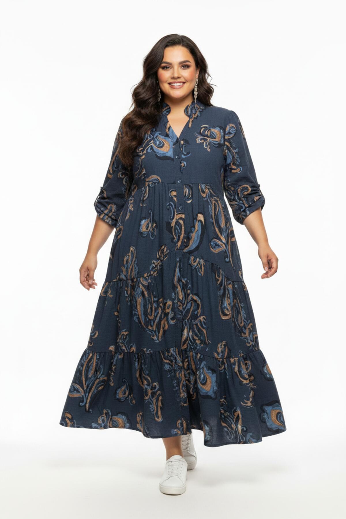 Plus - Size Maxikleid Mit Elastischen Ärmelabschlüssen – Beige