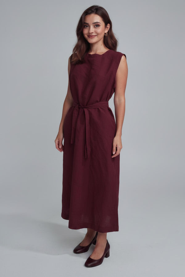 Mouwloze Maxi‑Jurk Met Tailleband, Bordeaux