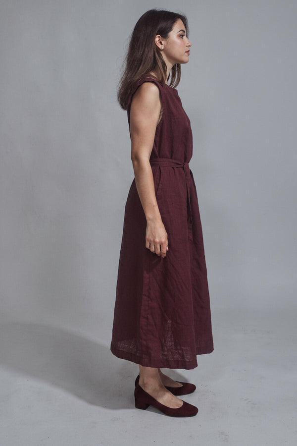Mouwloze Maxi‑Jurk Met Tailleband, Bordeaux