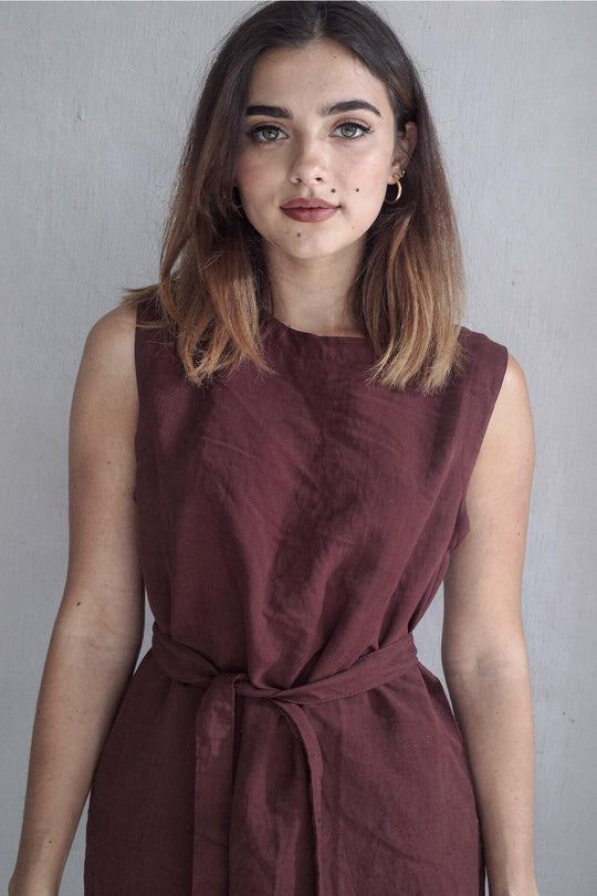 Mouwloze Maxi‑Jurk Met Tailleband, Bordeaux