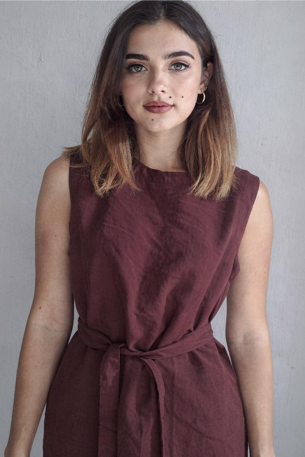 Mouwloze Maxi‑Jurk Met Tailleband, Bordeaux