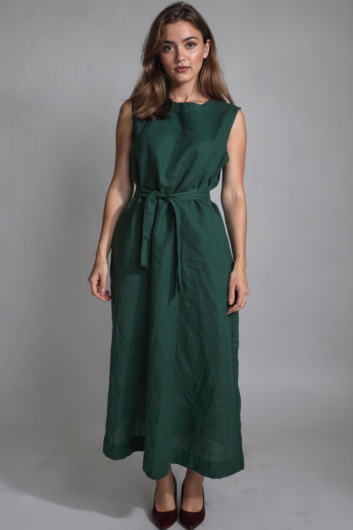 Mouwloze Maxi - Jurk Met Ceintuur – Smaragd