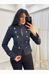 Veste En Jean Col Montant Zippée Avec Détails Boutonnés — Bleu Marine