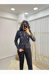 Veste En Jean Col Montant Zippée Avec Détails Boutonnés — Bleu Marine