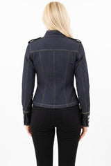 Veste En Jean Col Montant Zippée Avec Détails Boutonnés — Bleu Marine