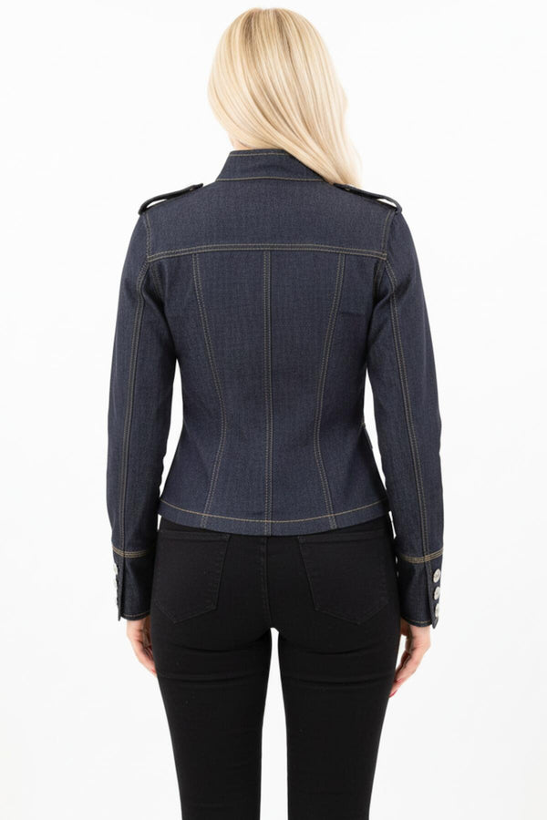 Denimjack Met Opstaande Kraag, Ritssluiting En Knopdetails — Donkerblauw