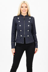 Veste En Jean Col Montant Zippée Avec Détails Boutonnés — Bleu Marine