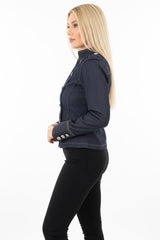 Veste En Jean Col Montant Zippée Avec Détails Boutonnés — Bleu Marine