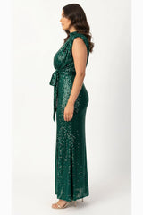 Robe Longue Ceinturée À Sequins — Émeraude, Grande Taille