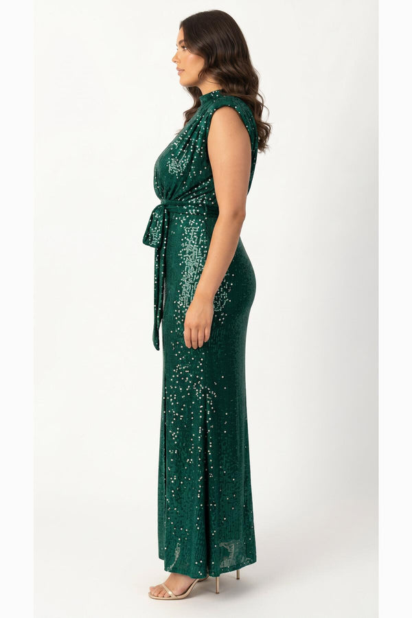 Emerald Sequin Belted Long Evening Dress — Plus Size