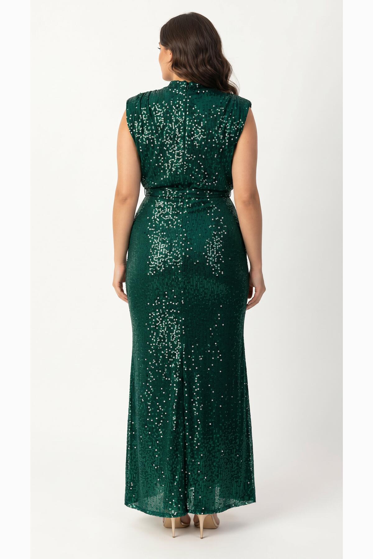 Emerald Sequin Belted Long Evening Dress — Plus Size