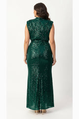 Robe Longue Ceinturée À Sequins — Émeraude, Grande Taille