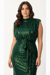 Robe Longue Ceinturée À Sequins — Émeraude, Grande Taille