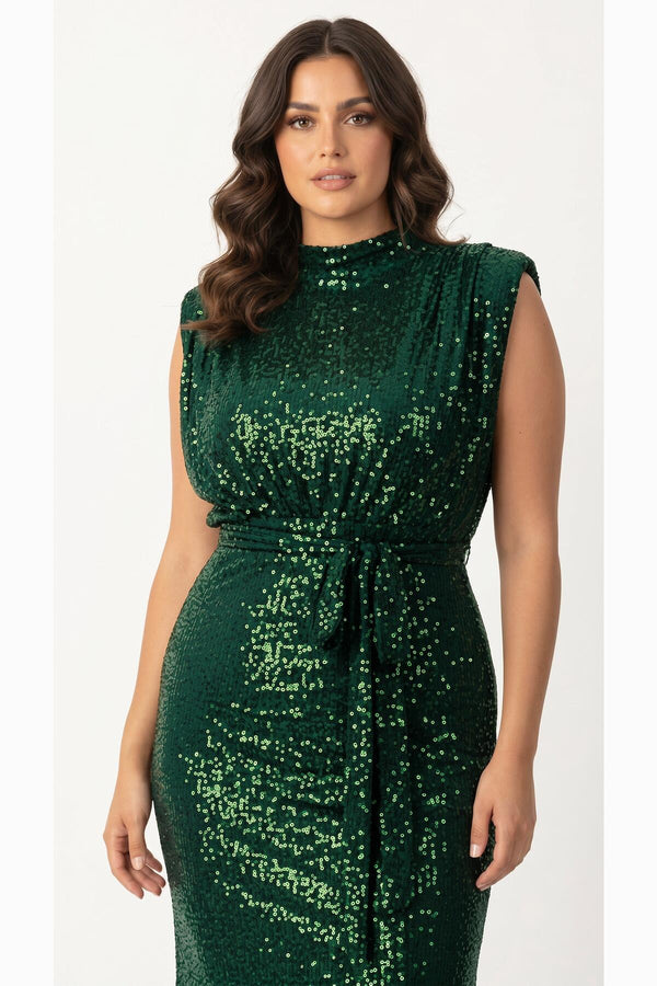 Emerald Sequin Belted Long Evening Dress — Plus Size