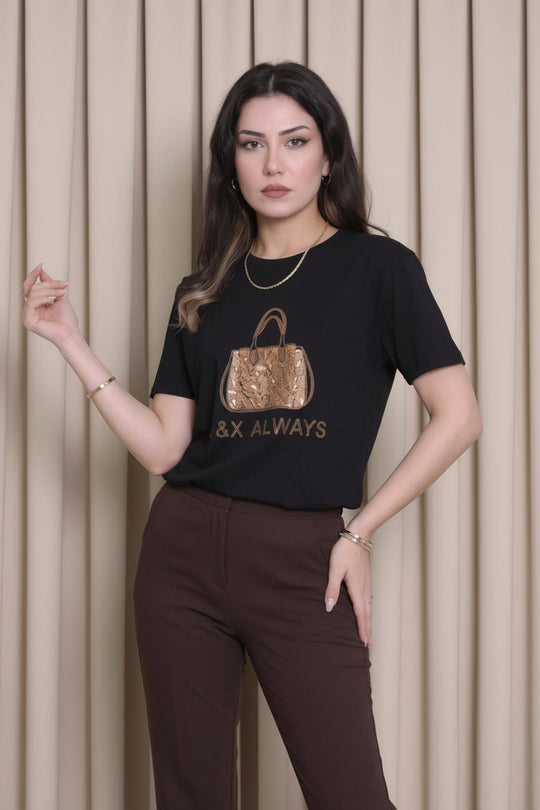 T‑Shirt Mit Taschenmotiv Und Steinbesatz – Schwarz