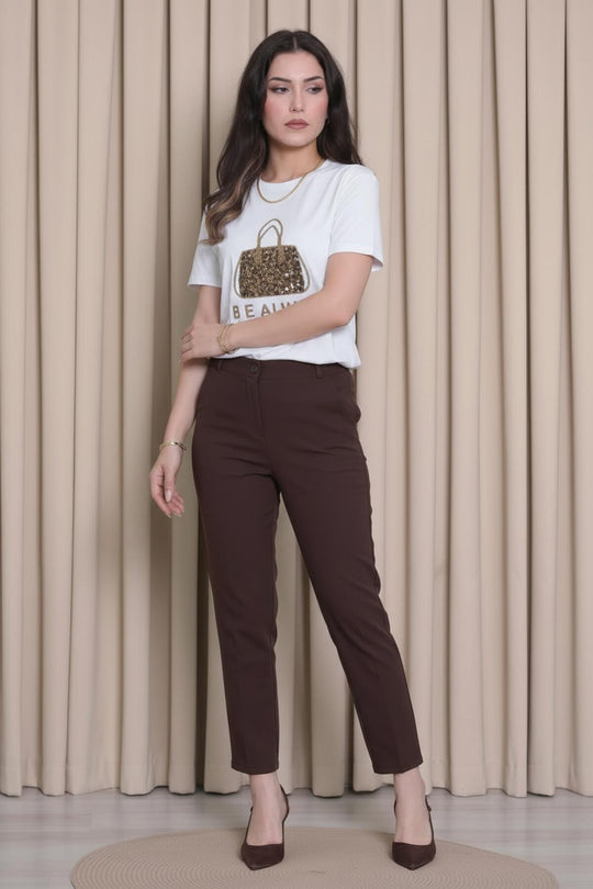 Weißes T - Shirt Mit Steinbesetztem Taschenmotiv