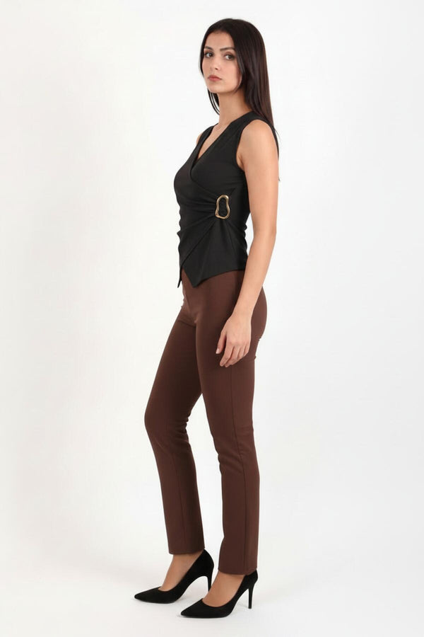 Wrap V - Neck Bodysuit With Side Gold Buckle — Black