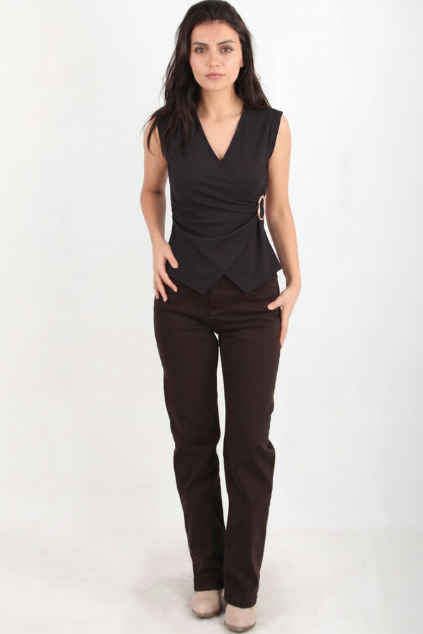 Wrap V - Neck Bodysuit With Side Gold Buckle — Black