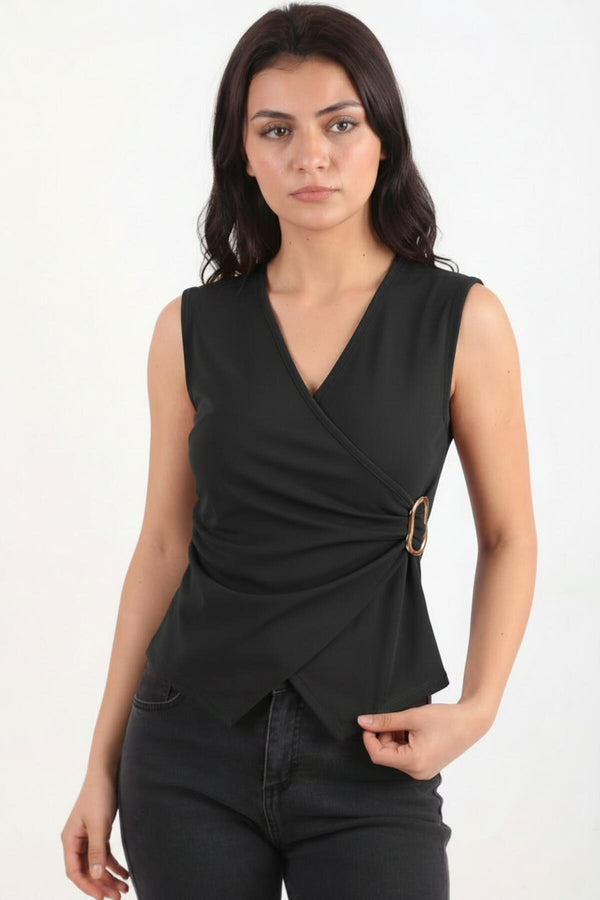 Wrap V - Neck Bodysuit With Side Gold Buckle — Black