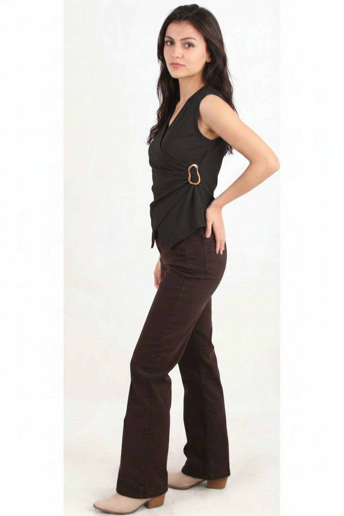 Wrap V - Neck Bodysuit With Side Gold Buckle — Black