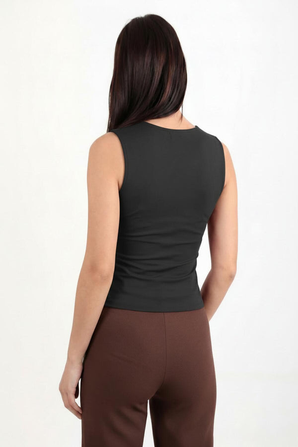 Wrap V - Neck Bodysuit With Side Gold Buckle — Black