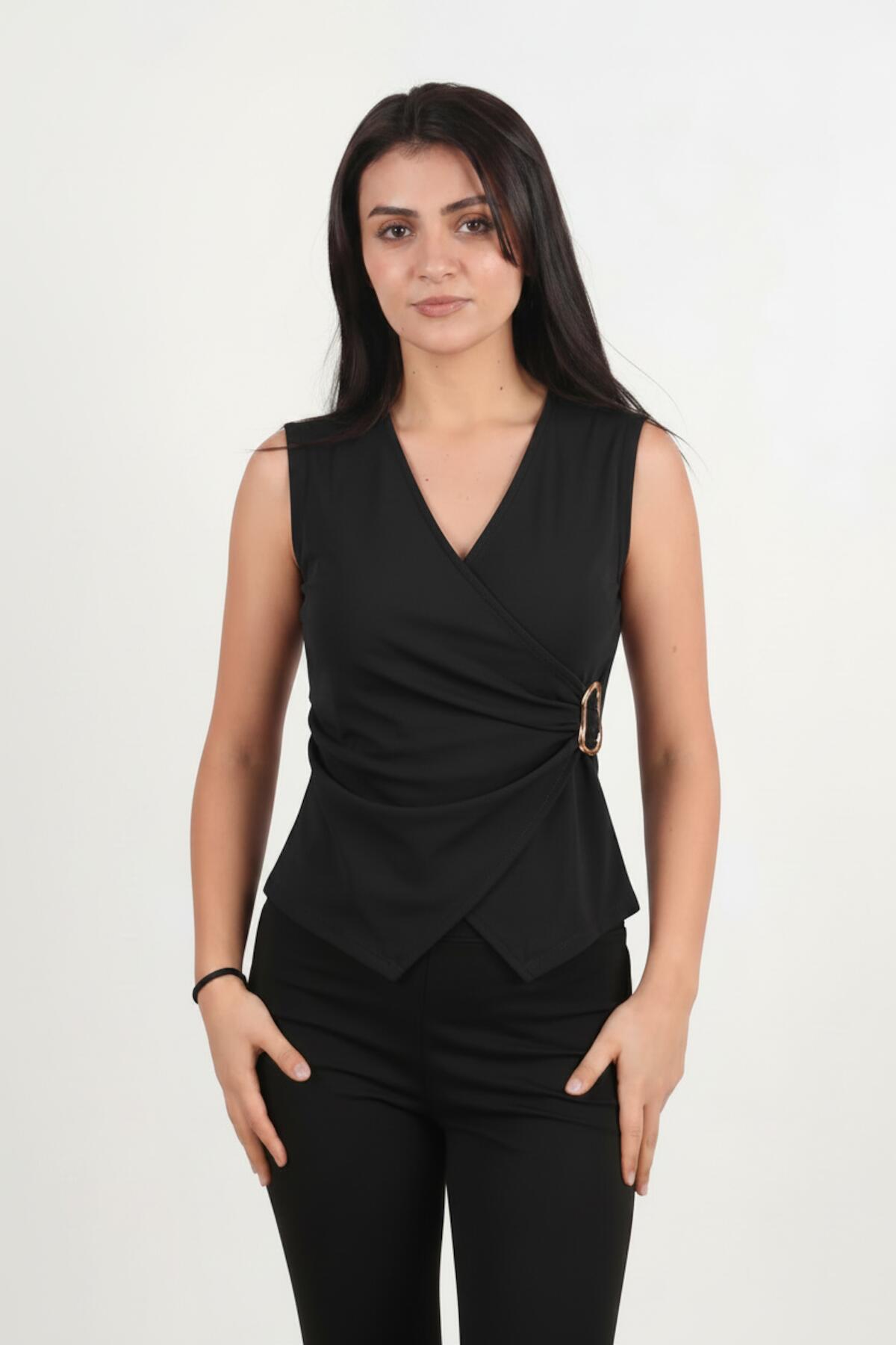 Wrap V - Neck Bodysuit With Side Gold Buckle — Black