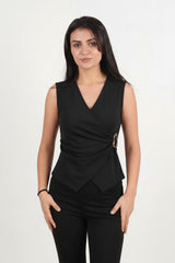 Body Croisé À Col V Avec Boucle Latérale Dorée — Noir