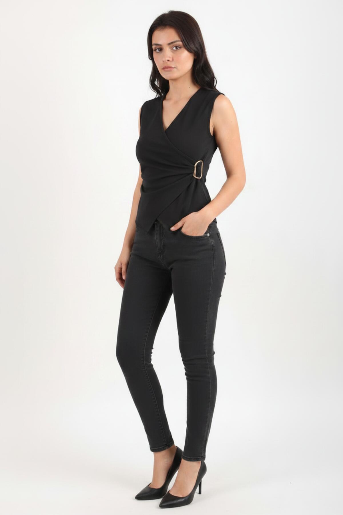 Wrap V - Neck Bodysuit With Side Gold Buckle — Black