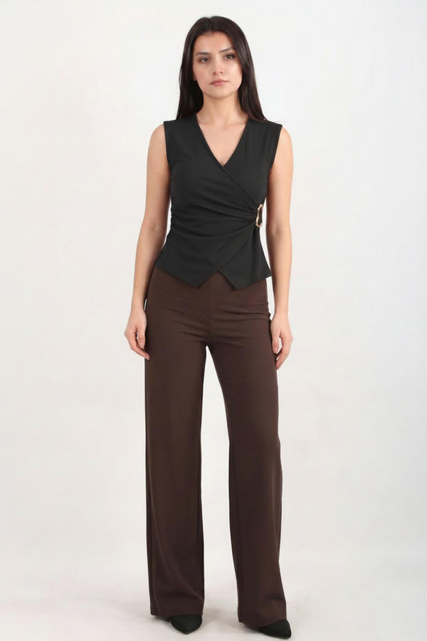 Wrap V - Neck Bodysuit With Side Gold Buckle — Black