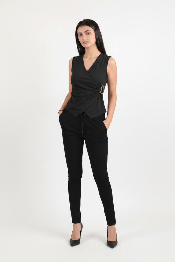 Wrap V - Neck Bodysuit With Side Gold Buckle — Black