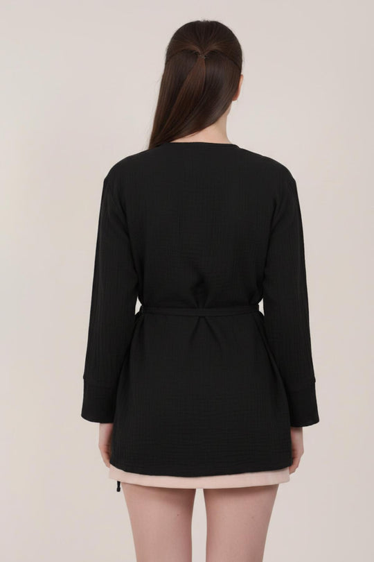 Black Muslin Wrap Kimono Tunic