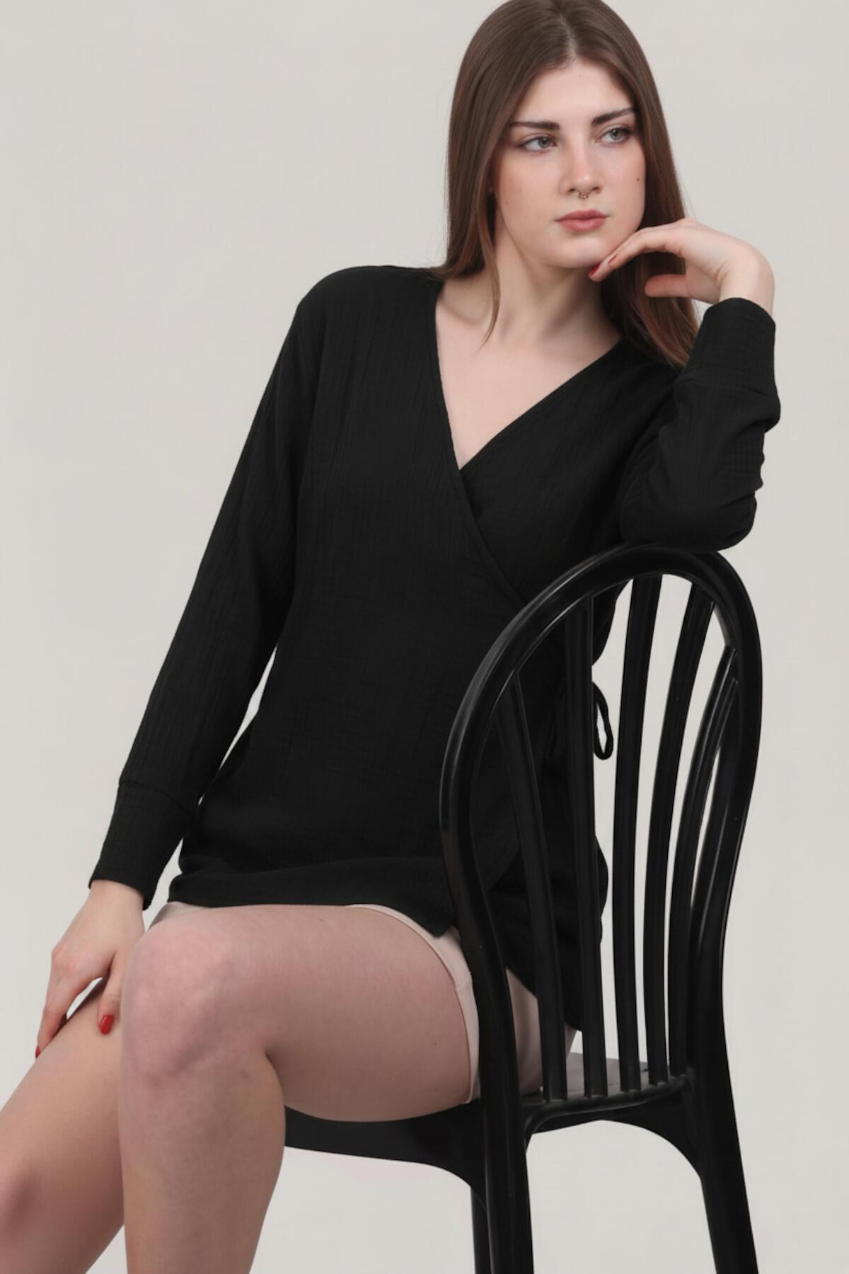 Black Muslin Wrap Kimono Tunic