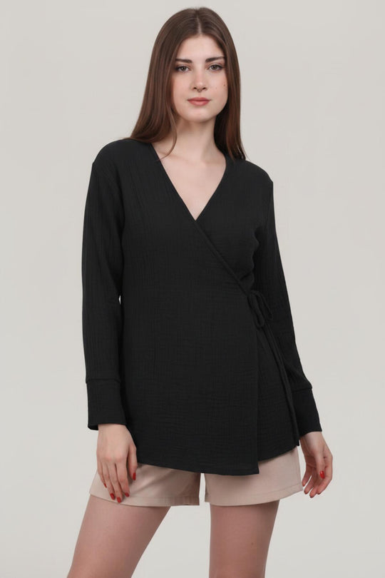 Black Muslin Wrap Kimono Tunic