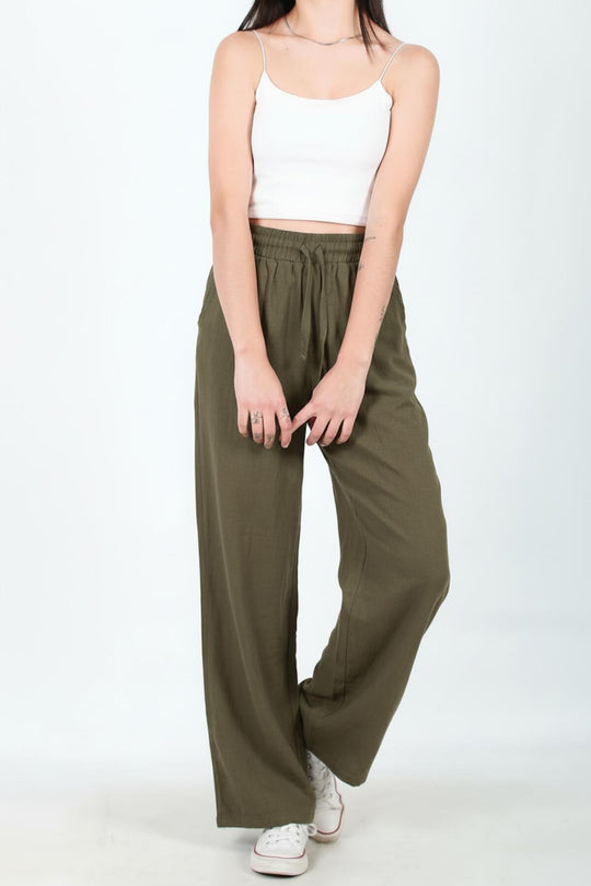Wijde Broek Van Katoen‑Linnen – Khaki
