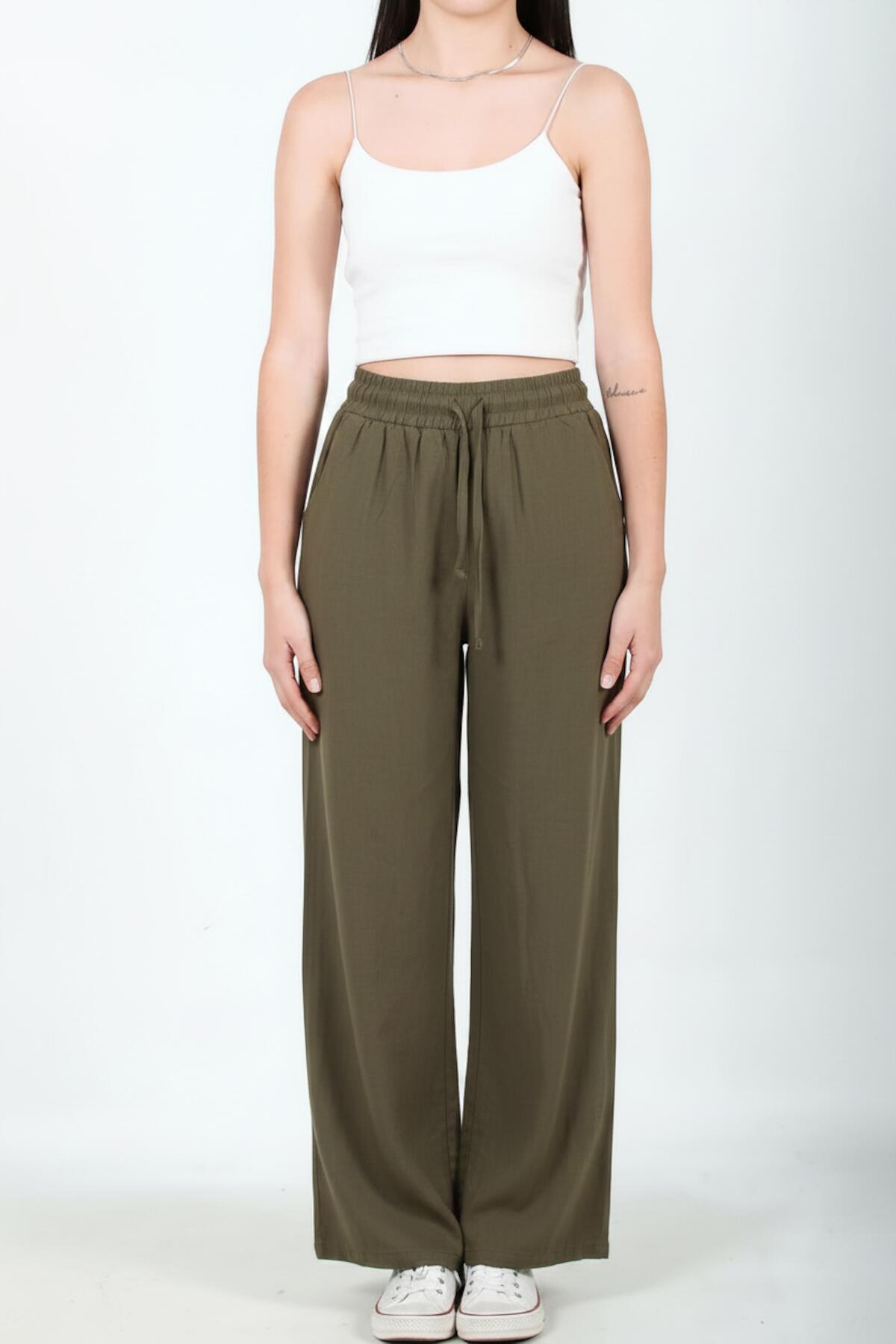 Wijde Broek Van Katoen‑Linnen – Khaki