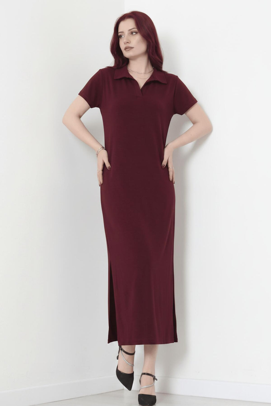 Robe Longue À Col Et Fente — Prune