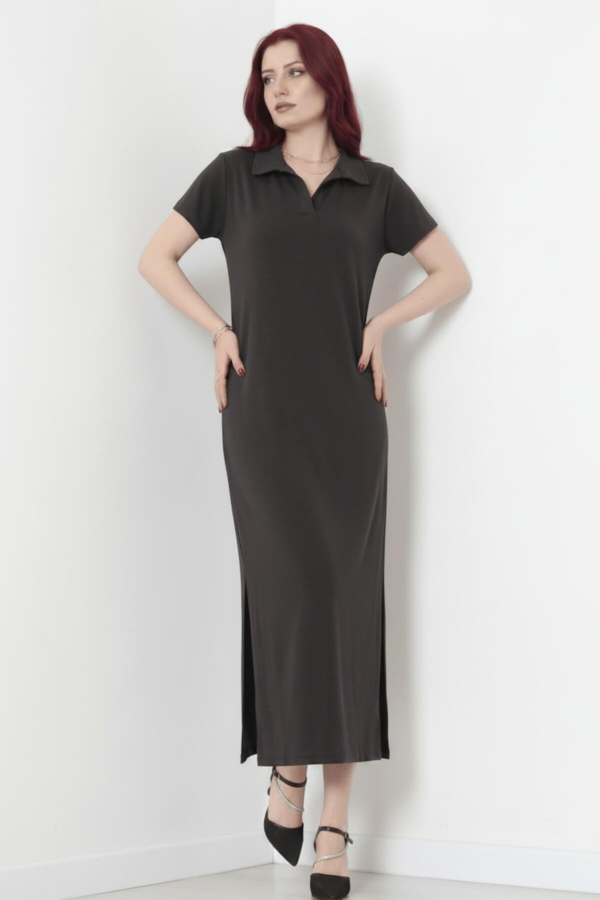 Anthrazit Maxikleid Mit Kragen Und Schlitz