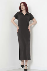 Robe Longue À Col Et Fente — Anthracite