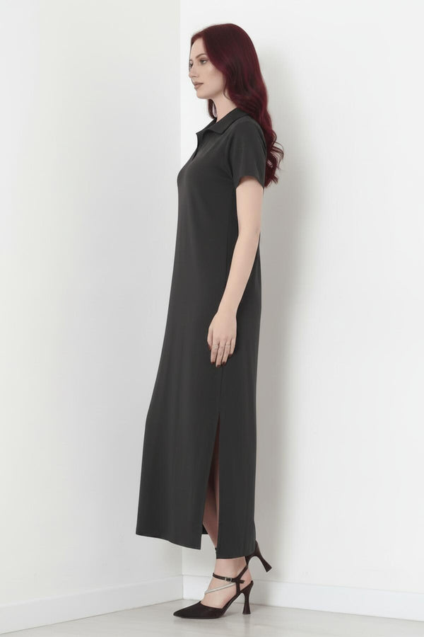 Anthrazit Maxikleid Mit Kragen Und Schlitz