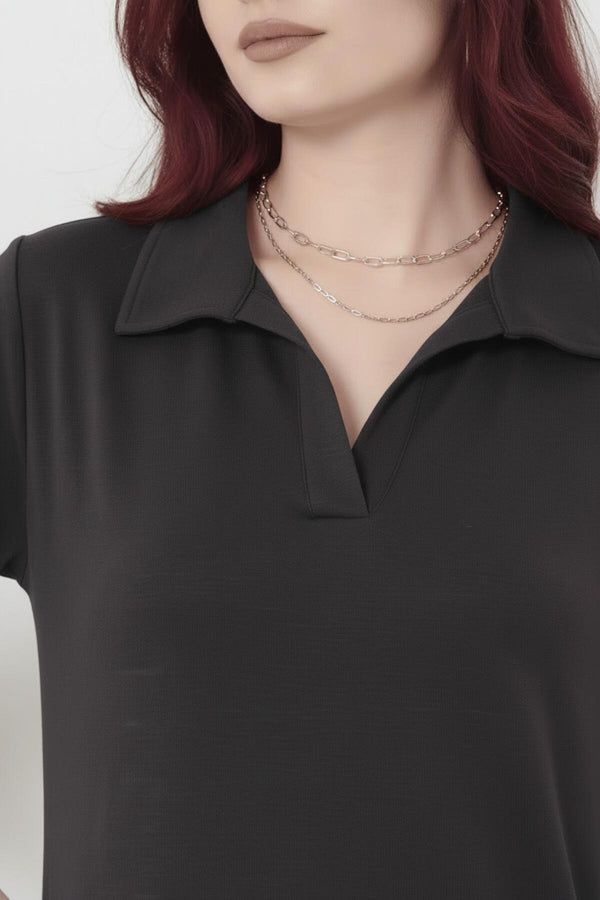 Anthrazit Maxikleid Mit Kragen Und Schlitz