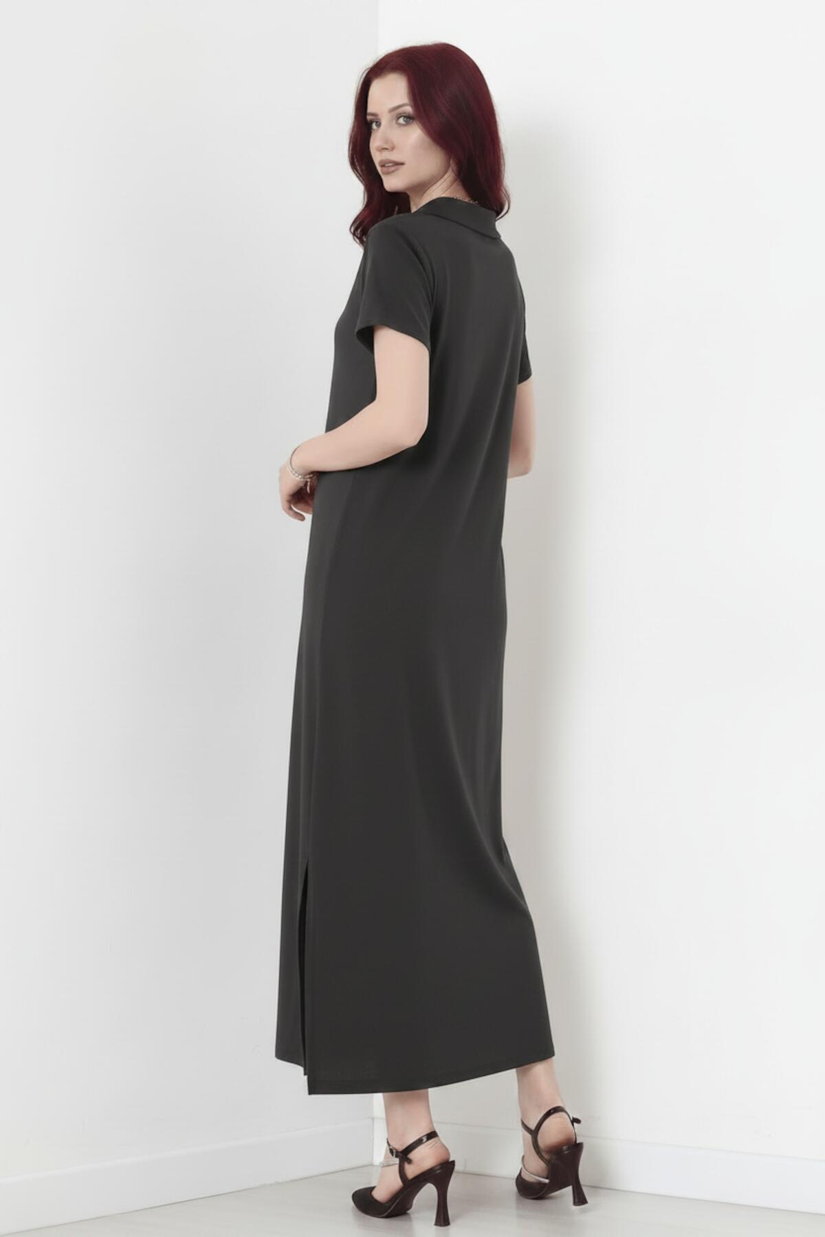 Anthrazit Maxikleid Mit Kragen Und Schlitz