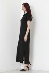 Collared Long Dress With Slit — Black